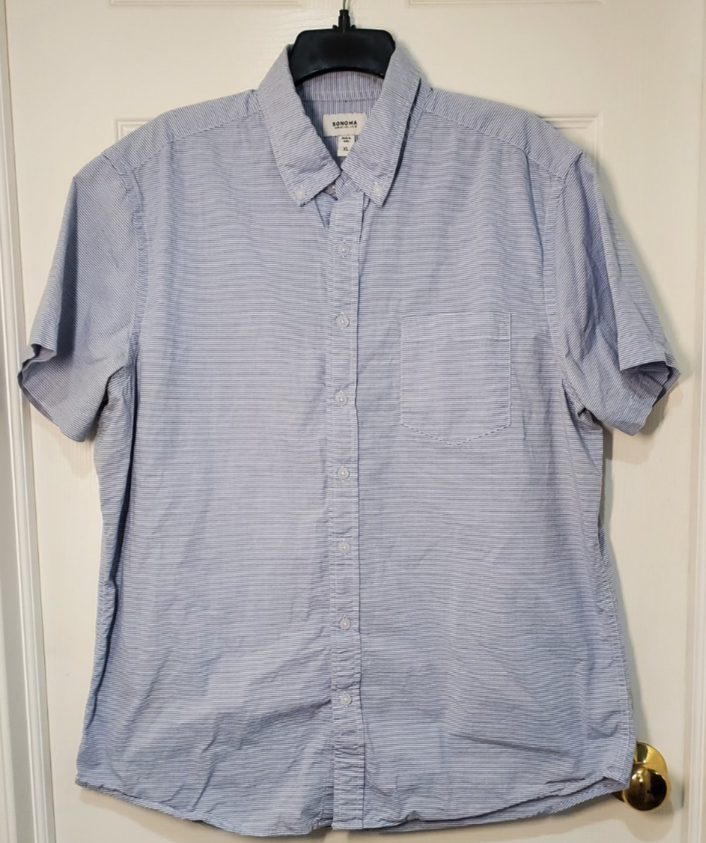 Sonoma Mens XL Blue White Pinstripe Button Front Shirt Cotton Stretch